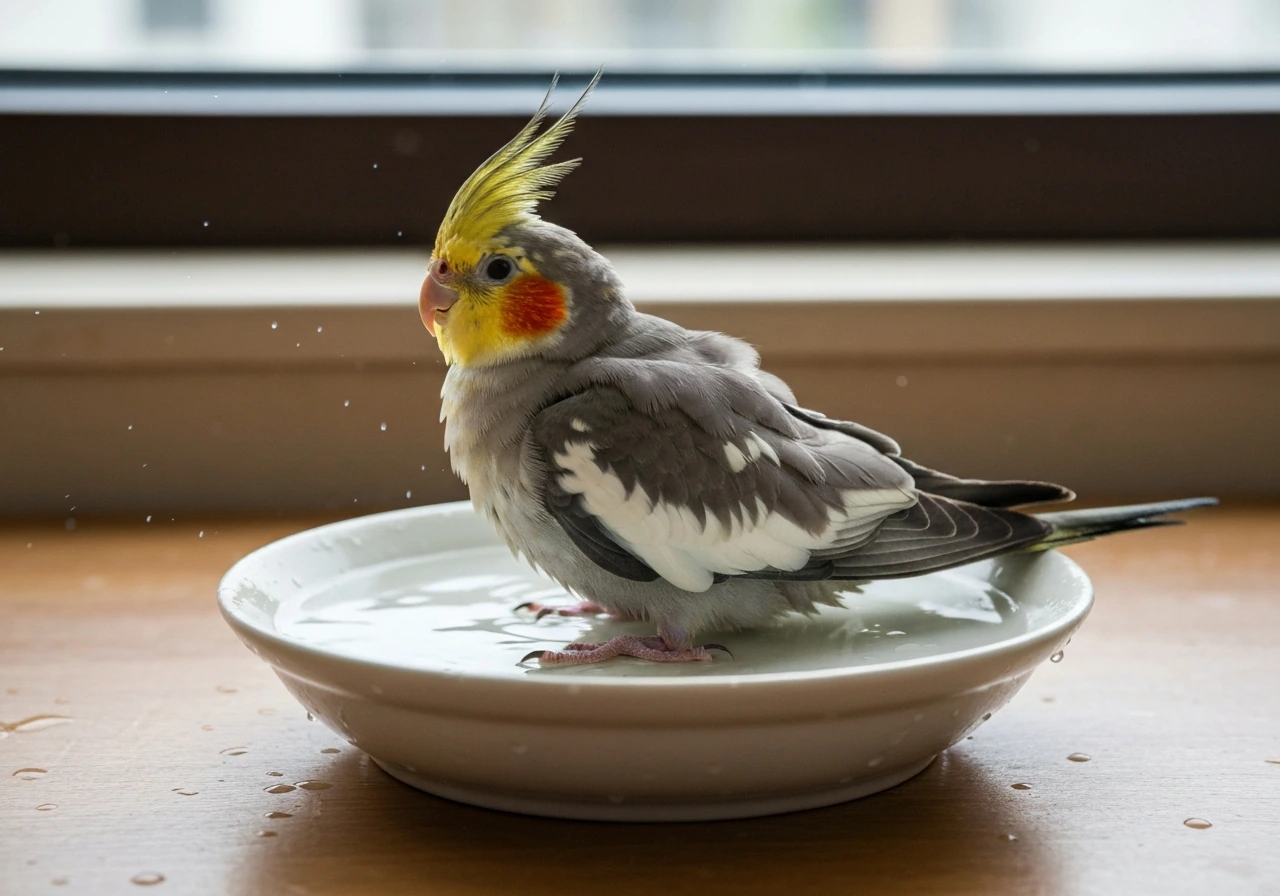 A cockatiel relaxing in a shallow dish of lukewarm water, feathers fluffed and flittering gently