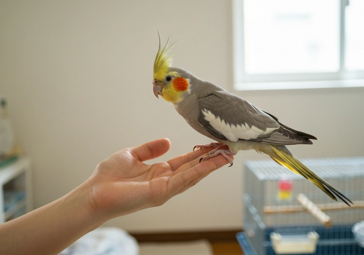 A cockatiel steps onto a gently offered hand in a softly lit, simple indoor setting.