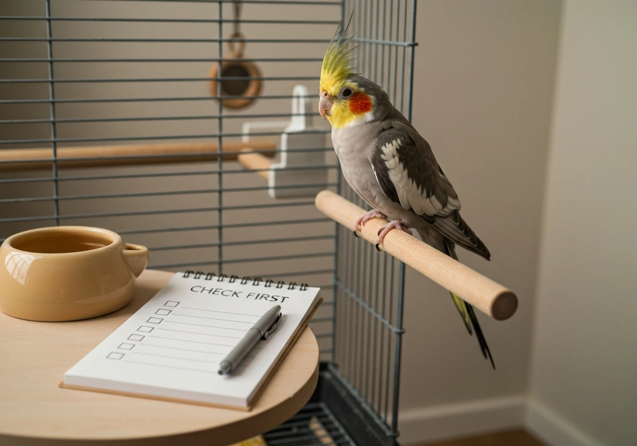 Calm cockatiel on a perch beside a small checklist notepad, suggesting first steps for stress troubleshooting.