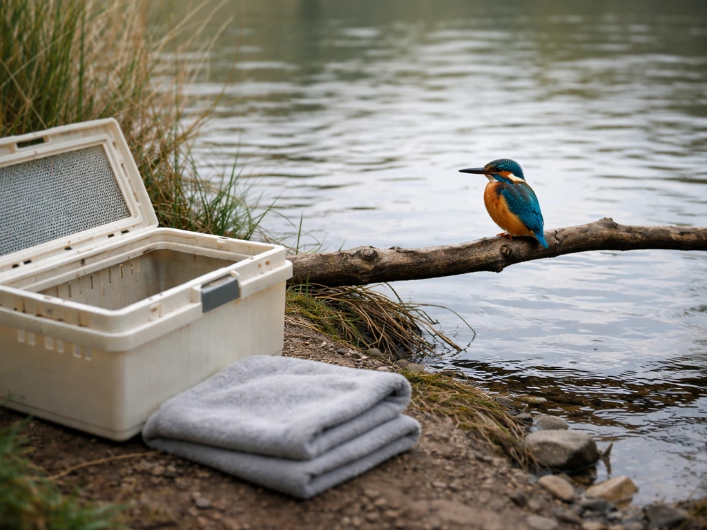 Calm kingfisher perched by a riverbank beside a ventilated rescue box and folded towel for humane handling.