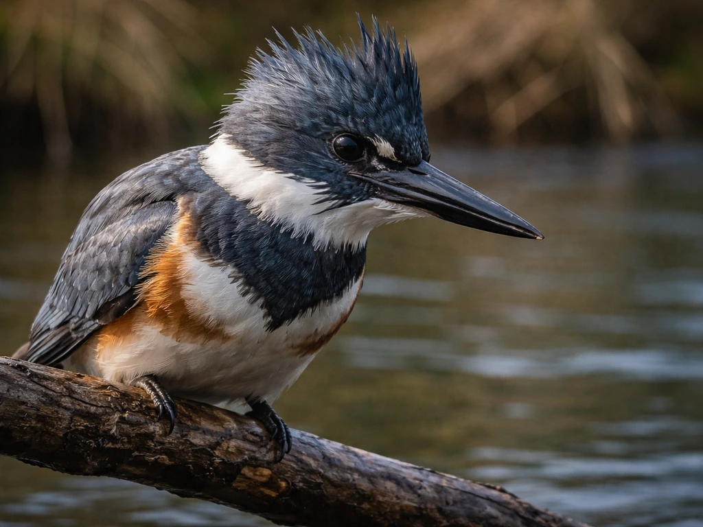 A belted kingfisher perched near water, close-up on its beak with alert, tense posture.