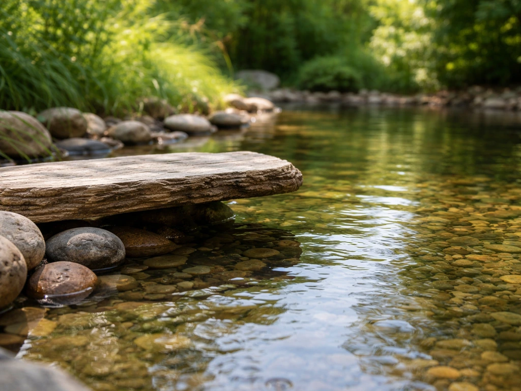 Clear backyard pond water with a simple perch edge over the water, ready for a kingfisher to hunt.
