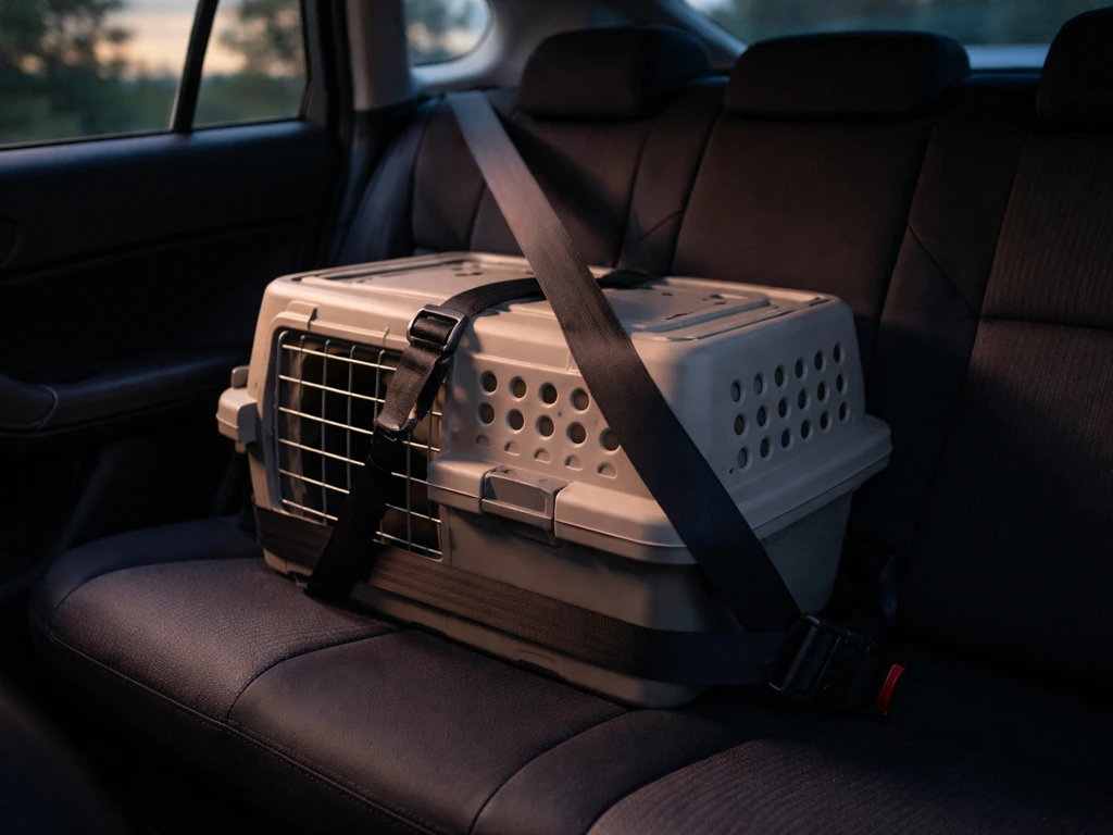 A closed, ventilated pet carrier strapped on a car seat in dim light, ready for quiet transport.