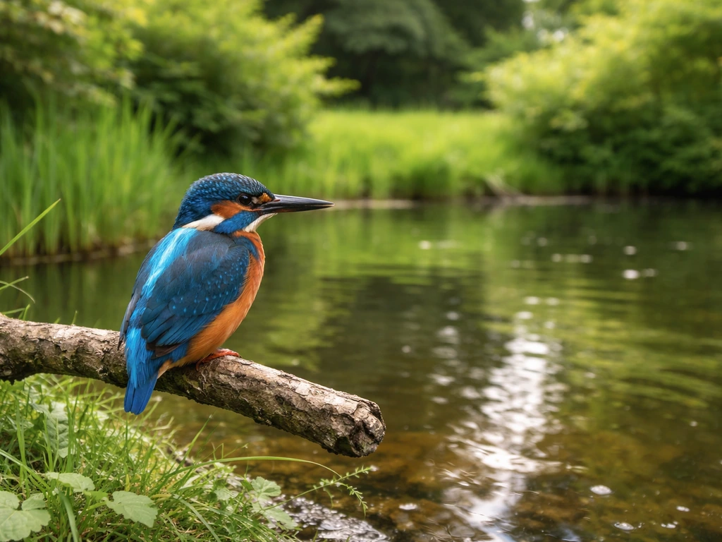 Blue kingfisher perched beside a quiet garden pond, overlooking water with reeds and greenery behind.