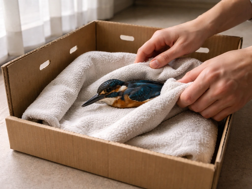 Towel-wrapped kingfisher resting in a ventilated box near a window after a window strike