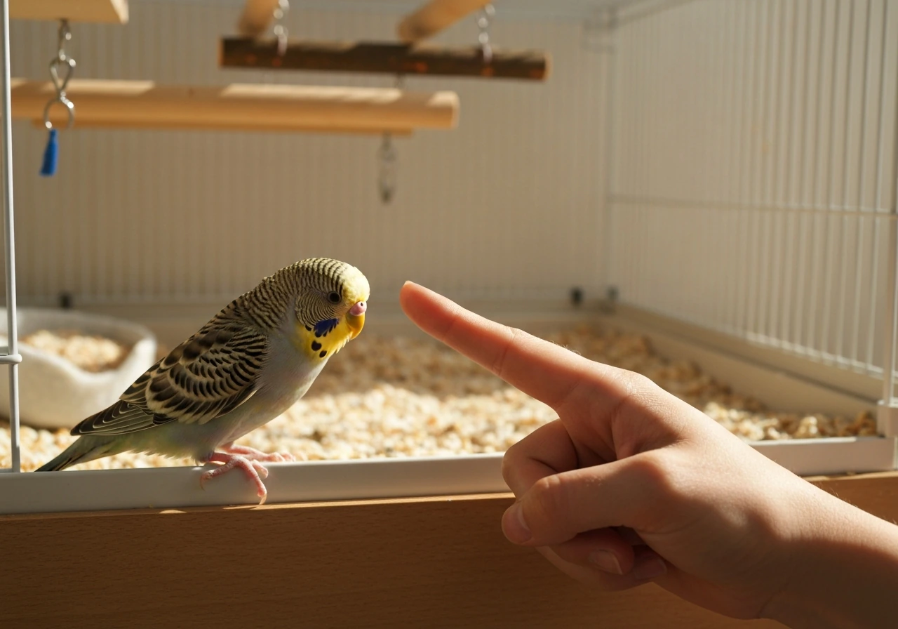 Small pet bird approaching a relaxed index finger perch inside a safe indoor training cage.