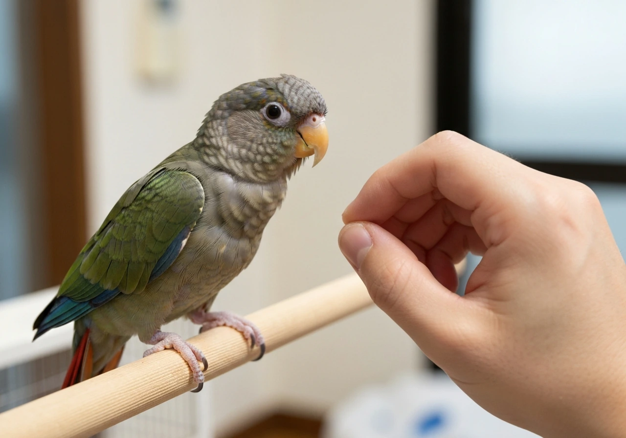 Small parrot on a perch with a human hand nearby, showing calm body-language and cautious finger position.