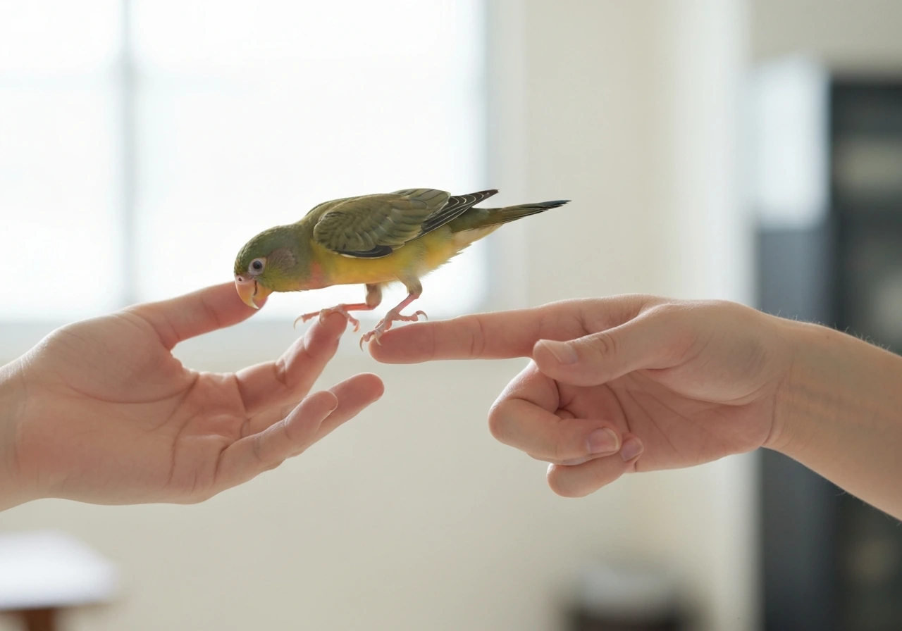 Small pet bird steps gently from a handler’s open hand onto an outstretched index finger