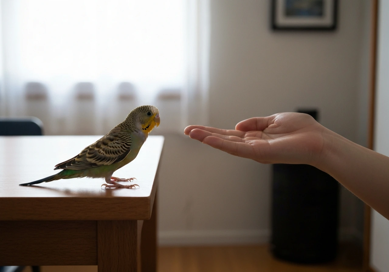 A parakeet hesitates near an open palm held out with a treat in a quiet indoor room.