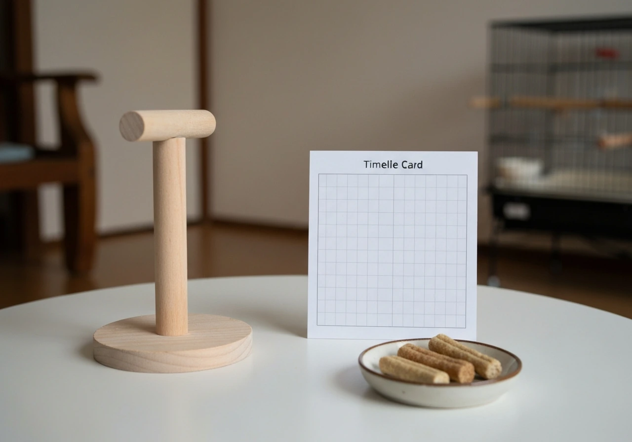 Blank practice timeline card beside a wooden perch and bird treats on a small table.