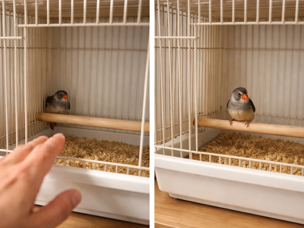 Finch retreats to the back corner of a cage as a hand enters, with a calmer setup nearby.