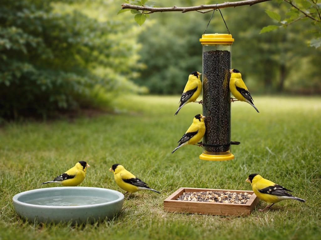 Calm goldfinches at a hanging nyjer feeder and bird-safe water dish in a quiet backyard.