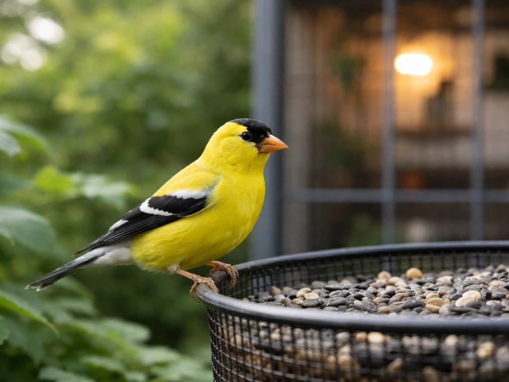 Wild goldfinch perched at a backyard feeder, contrasted by a softly blurred pet-aviary setting in the background.