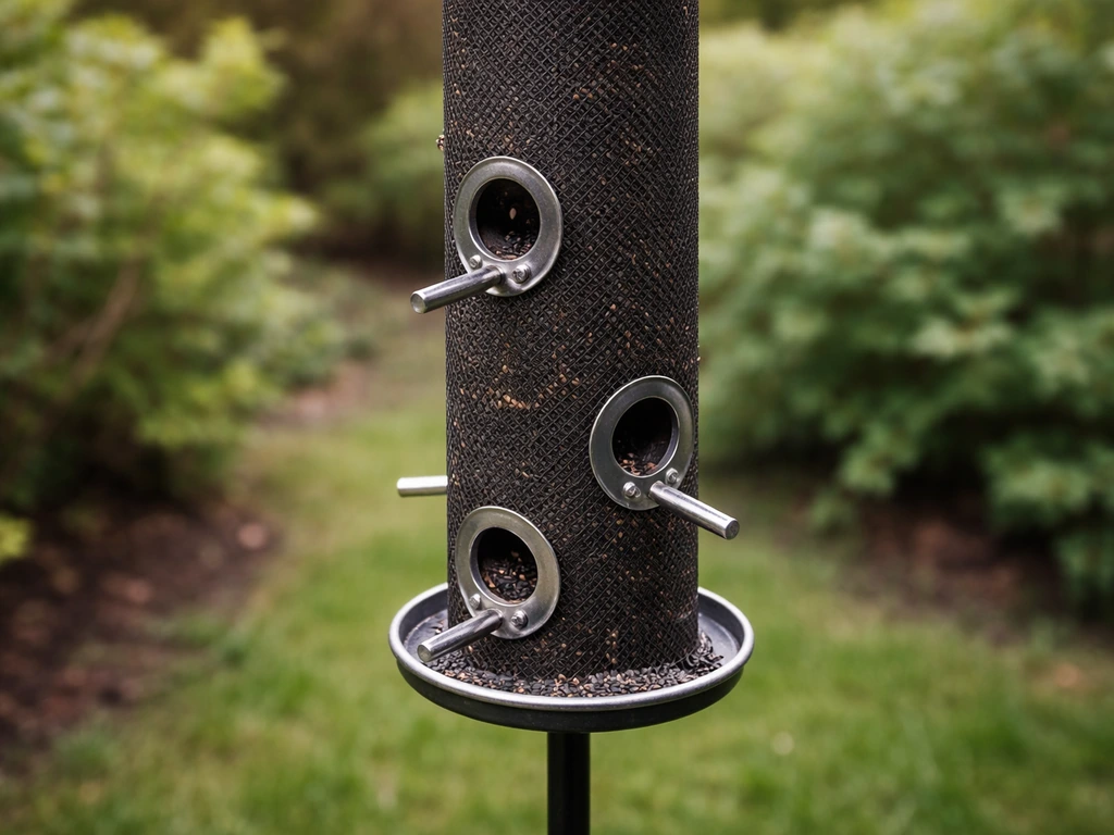 Close-up of a nyjer thistle tube feeder with small finch ports in a simple outdoor garden setting.