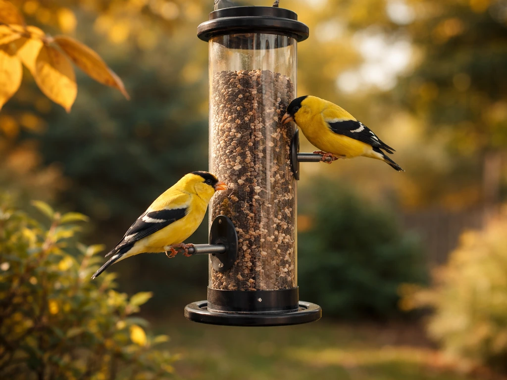 Two small goldfinches perched on a seed feeder among late-summer foliage, natural backyard light.