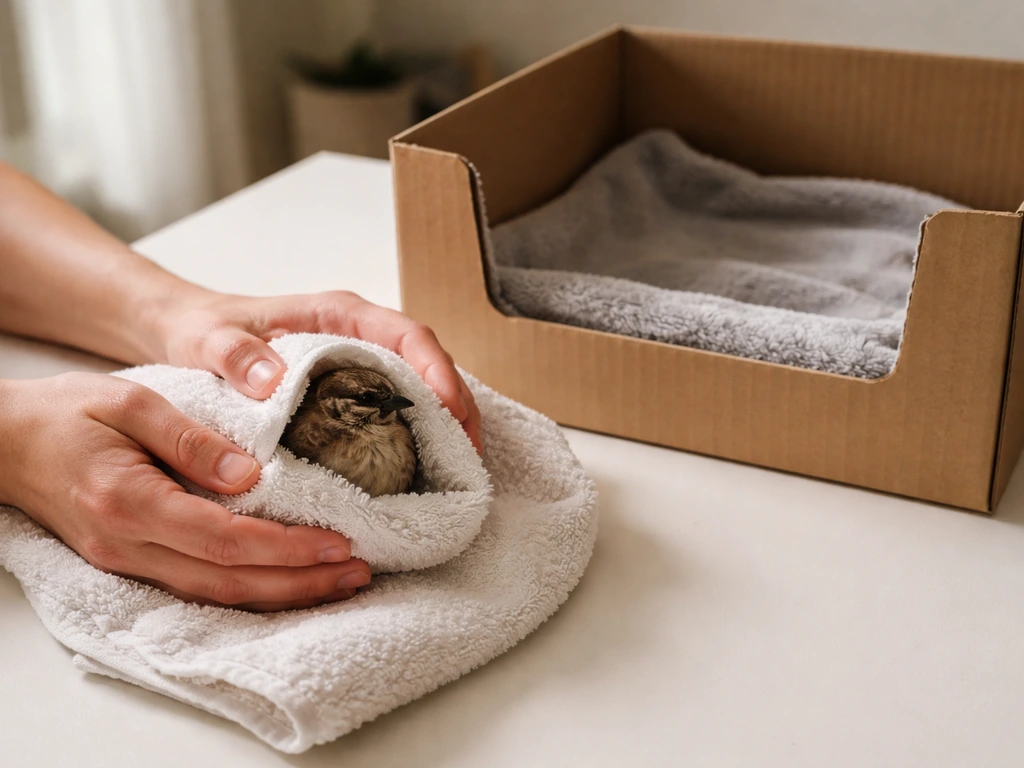 Person gently restraining an injured wild bird in a towel beside a quiet recovery box