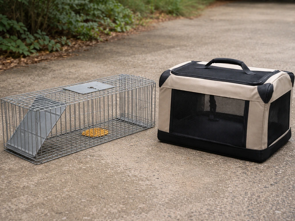 Open live cage trap beside a covered carrier with safe bait in a quiet yard/garage.
