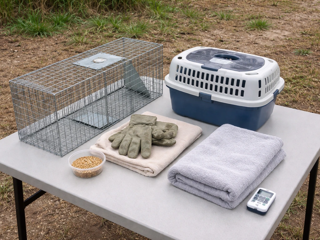 Humane bird-capture supplies laid on a table: live trap, bait, gloves, carrier, towel, and timer.