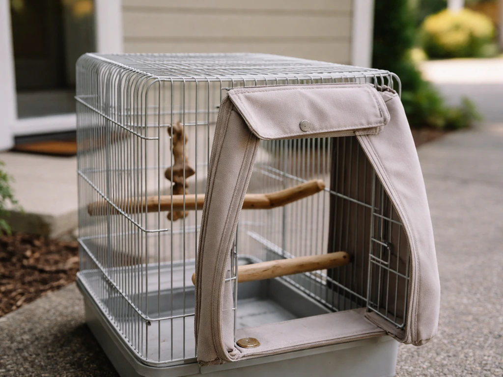 Pet bird’s cage outside near a doorway, carrier door secured, familiar perches visible.