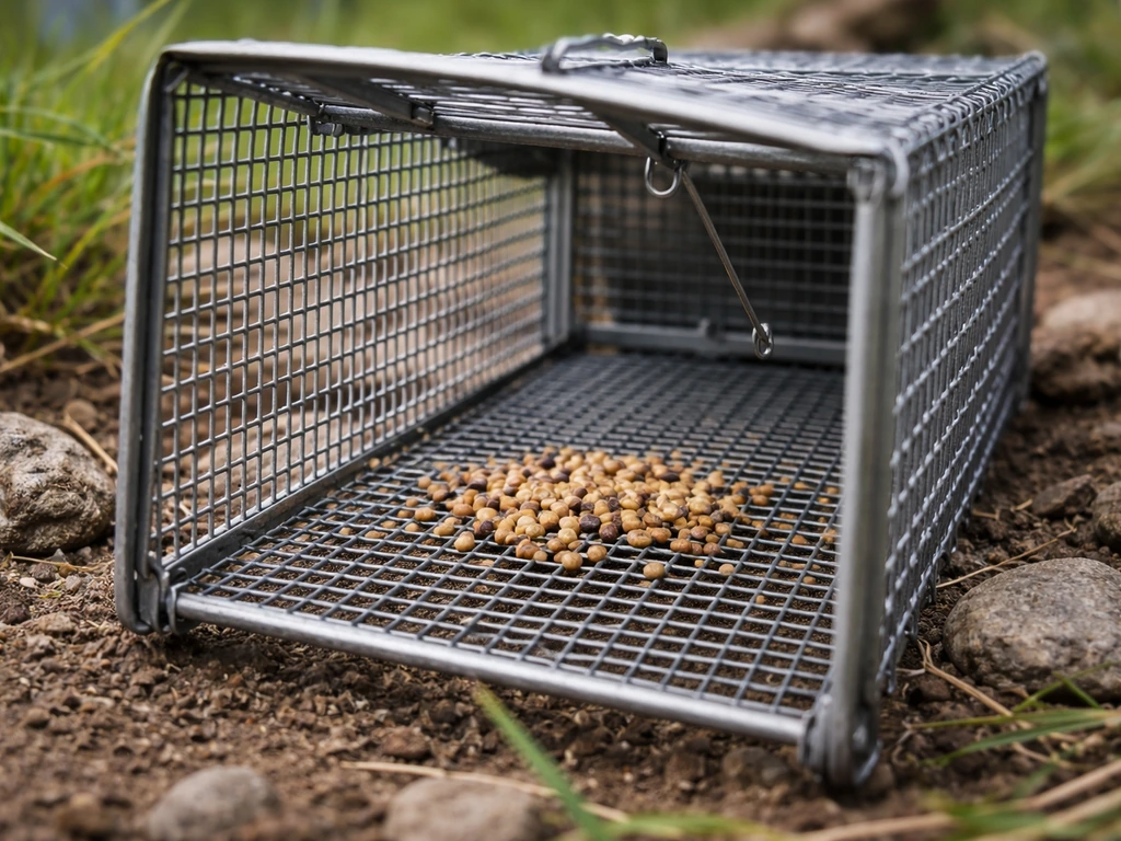 Close-up of a fine-mesh live cage trap with finch seed bait inside in a quiet outdoor setting.
