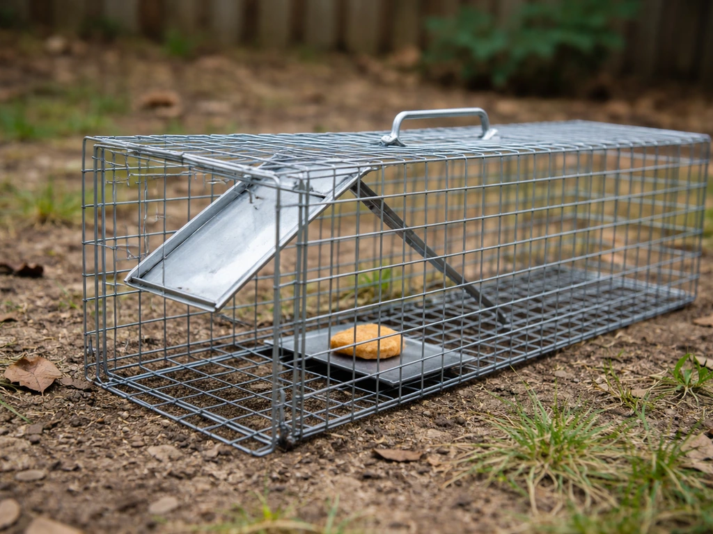 Cage trap set in a backyard with bait inside and the door/trigger ready to activate after entry.
