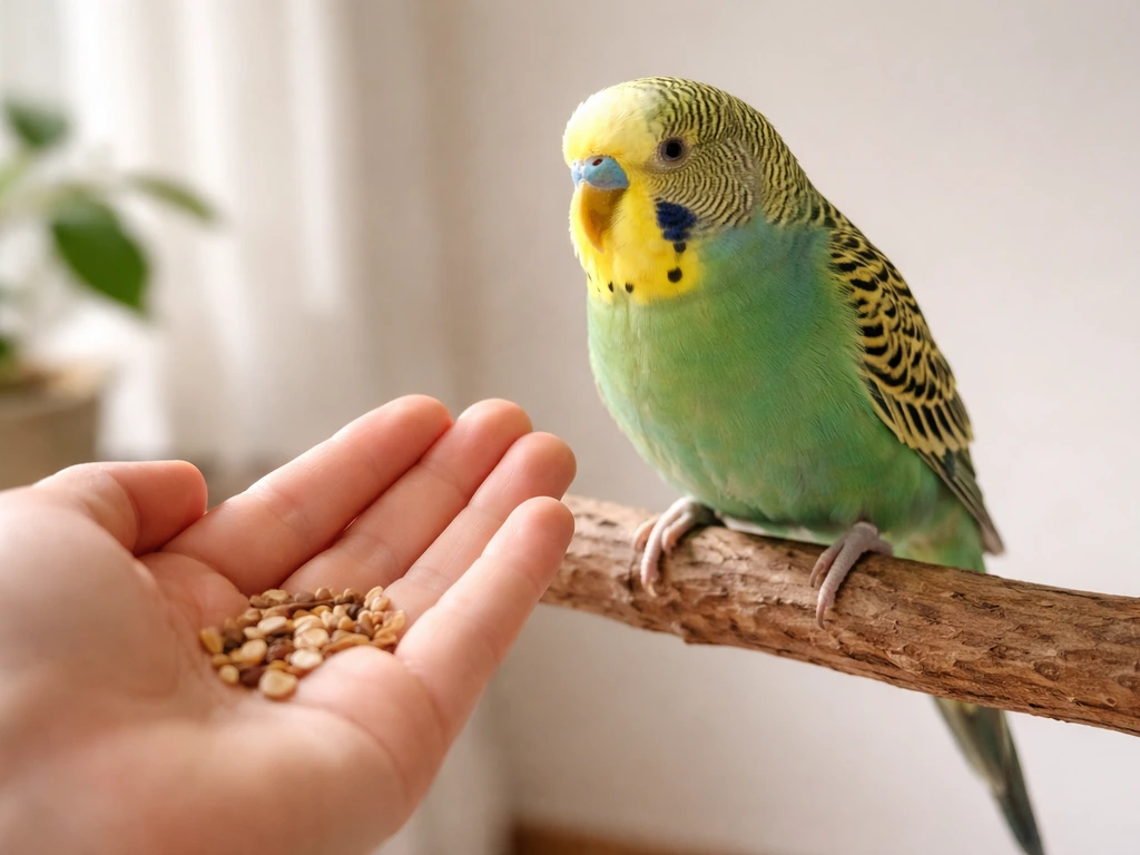 Calm pet parrot perched beside a low hand offering treats, conveying gentle, safety-first trust-building.