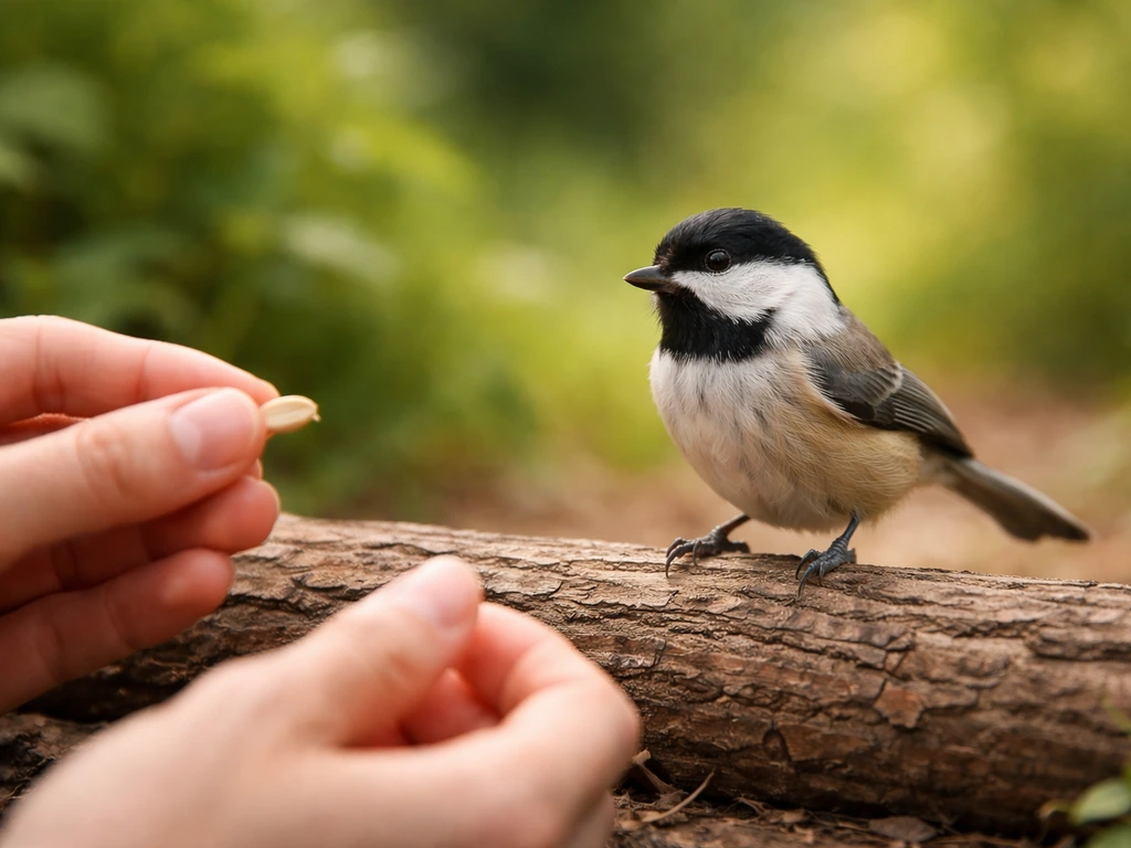 Small bird on a wooden perch while low, calm hands offer a treat with minimal eye contact.