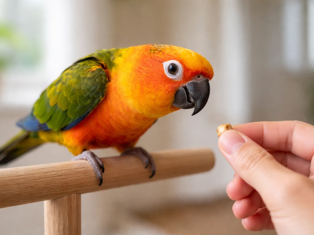 A colorful parrot calmly taking treats from a hand on a wooden perch, showing trust and training.