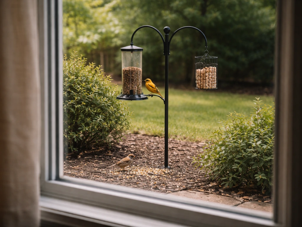 View from a kitchen window showing a small backyard bird feeder station with wild birds calmly feeding.