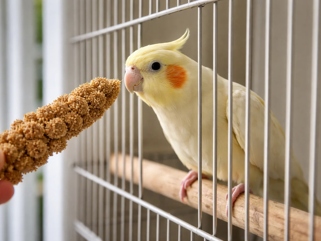 Cockatiel perched by cage bars reaching for millet spray held just outside for training.