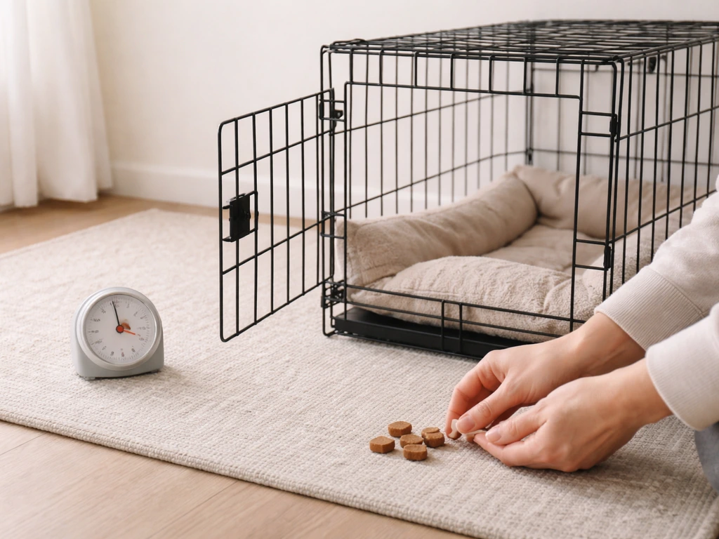 Person preparing for short daily training sessions beside a dog crate with a small timer-style device