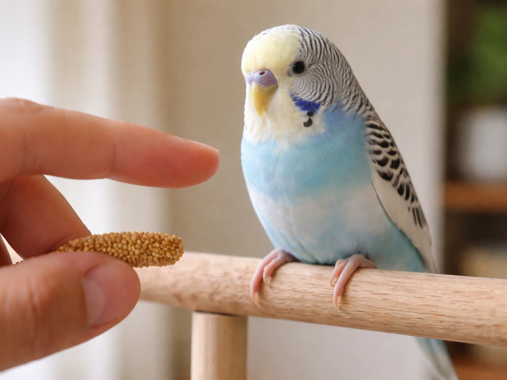 Hand finger gently positioned as a perch above a small bird’s feet during step-up training