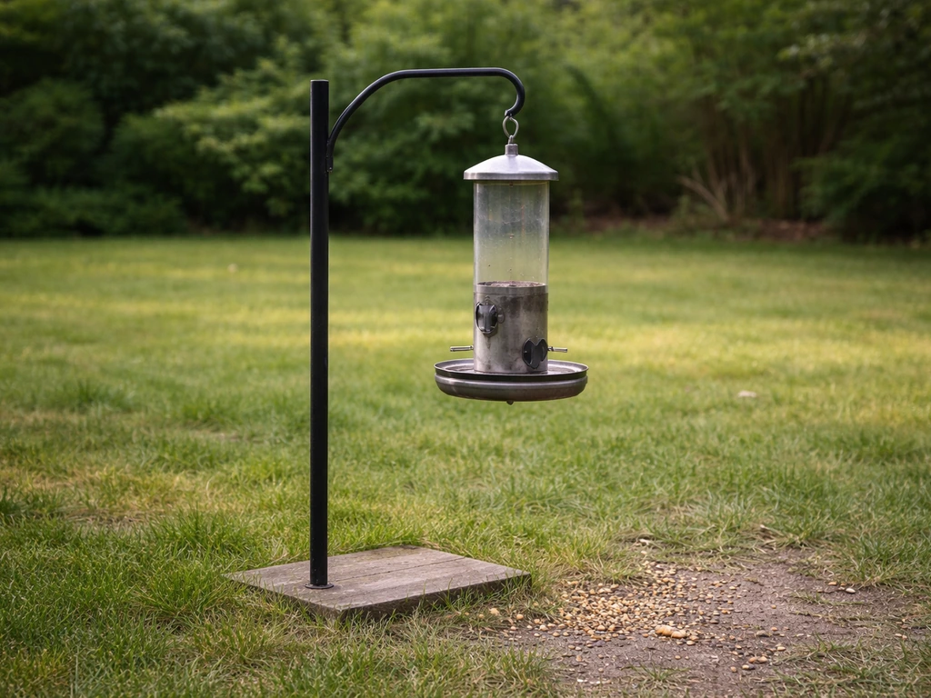 Outdoor bird feeder in open sightlines with distant dense shrubs out of focus for predator escape visibility.