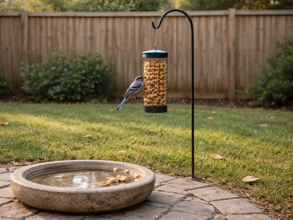Humane blue jay feeder and birdbath setup in a quiet suburban yard, no people present.