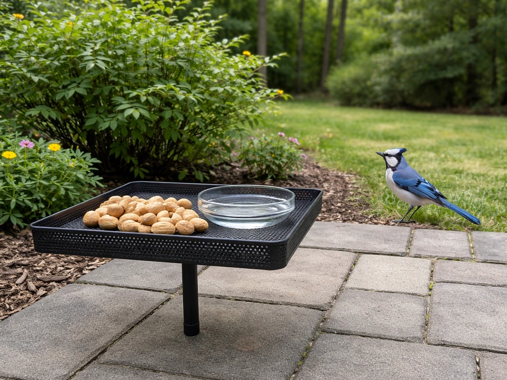 Backyard view of a platform feeder with peanuts and water, inviting a blue jay from a safe distance.