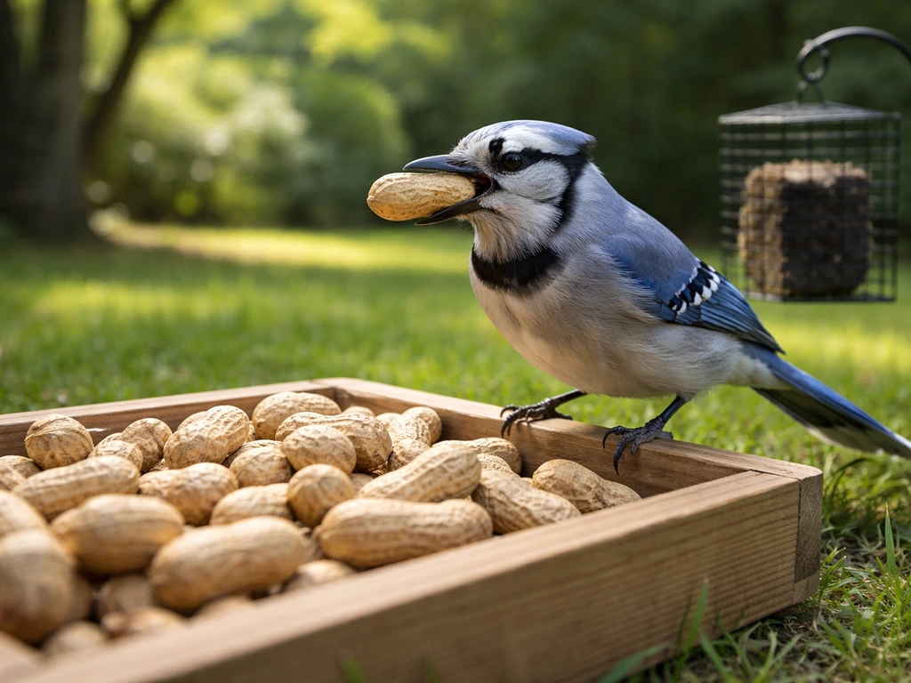 Closeup of a blue jay near whole peanuts on a platform feeder with a suet block in the yard background.