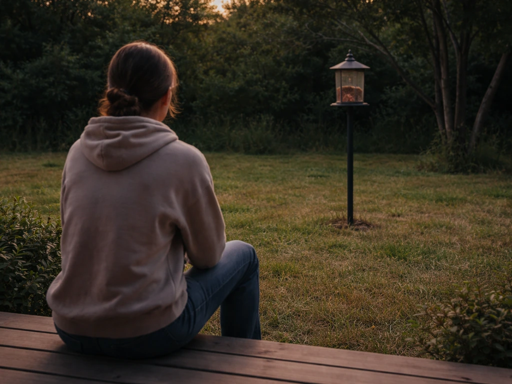 Person in neutral clothes sits still farther from a bird feeder, demonstrating reduced movement for blue jays.