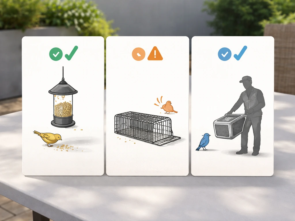 Three-panel comparison of bird control approaches with simple icons for stress and recommendation