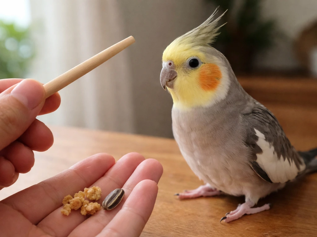 Cockatiel near a hand-held target stick with small millet treats and a sunflower seed ready