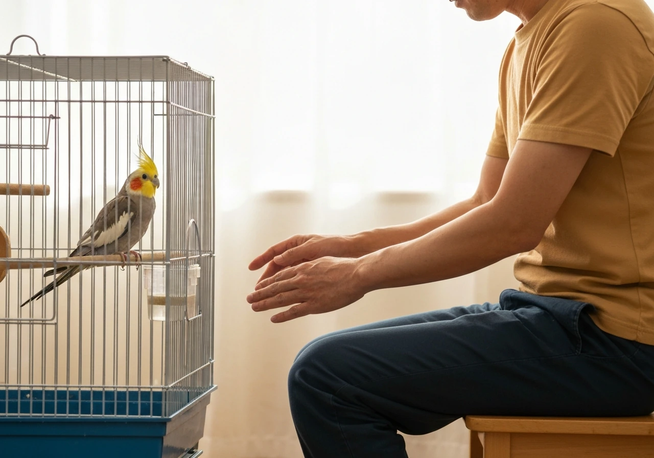 Calm adult sitting beside a cockatiel cage with the bird relaxed on its perch, hands non-threatening.