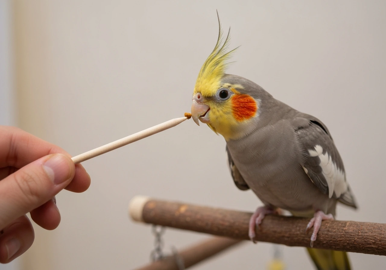 Cockatiel beak touching the tip of a target stick, with a treat ready for reward.