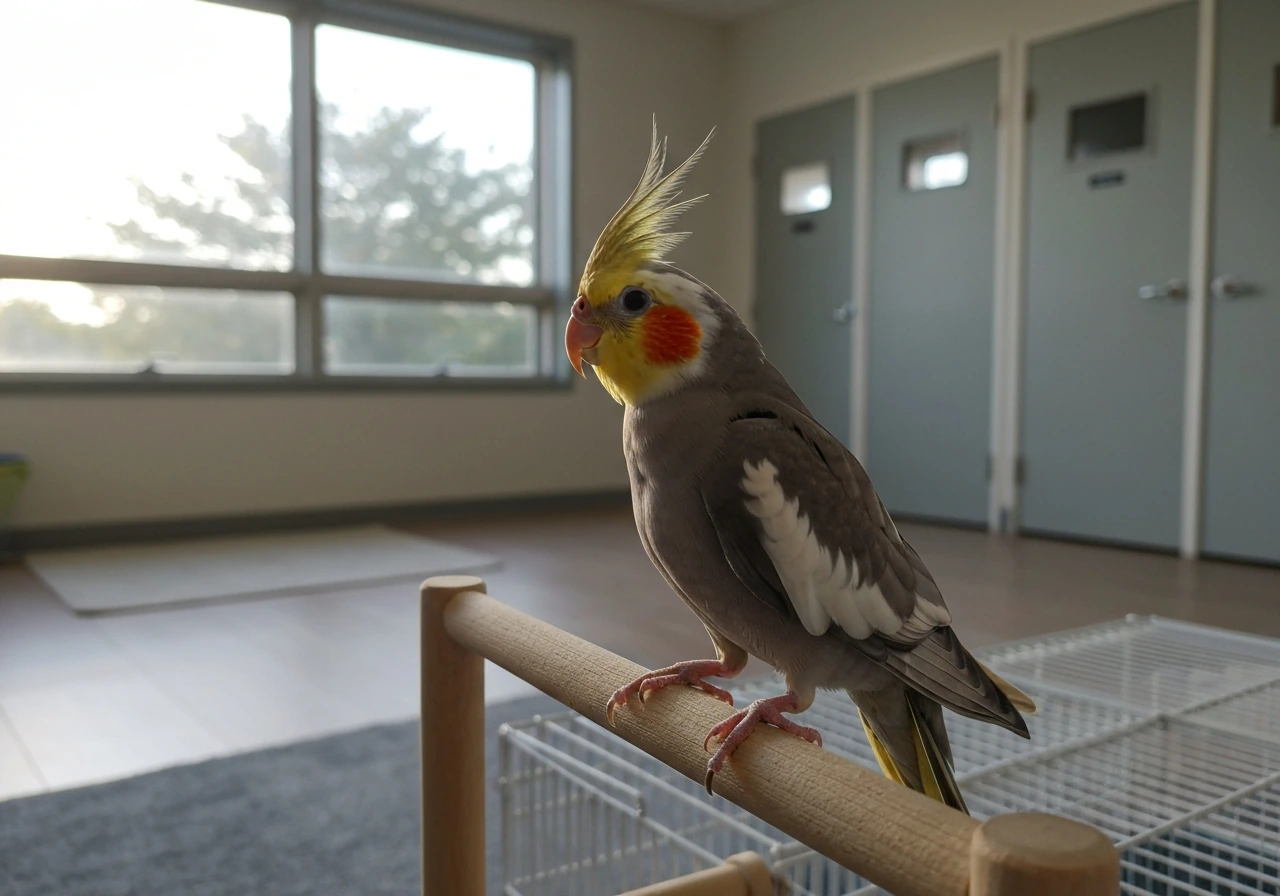 Calm cockatiel perched near an open play stand in a quiet, secure room with sunlight through windows.