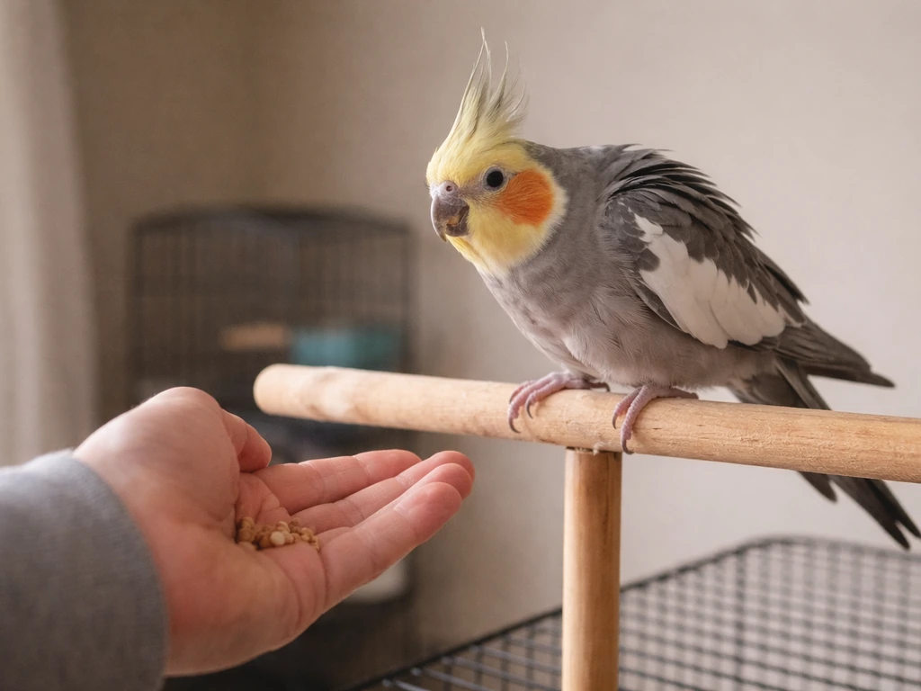 Trainer pauses with treats while a cockatiel shows fear posture, no contact, calm reset.