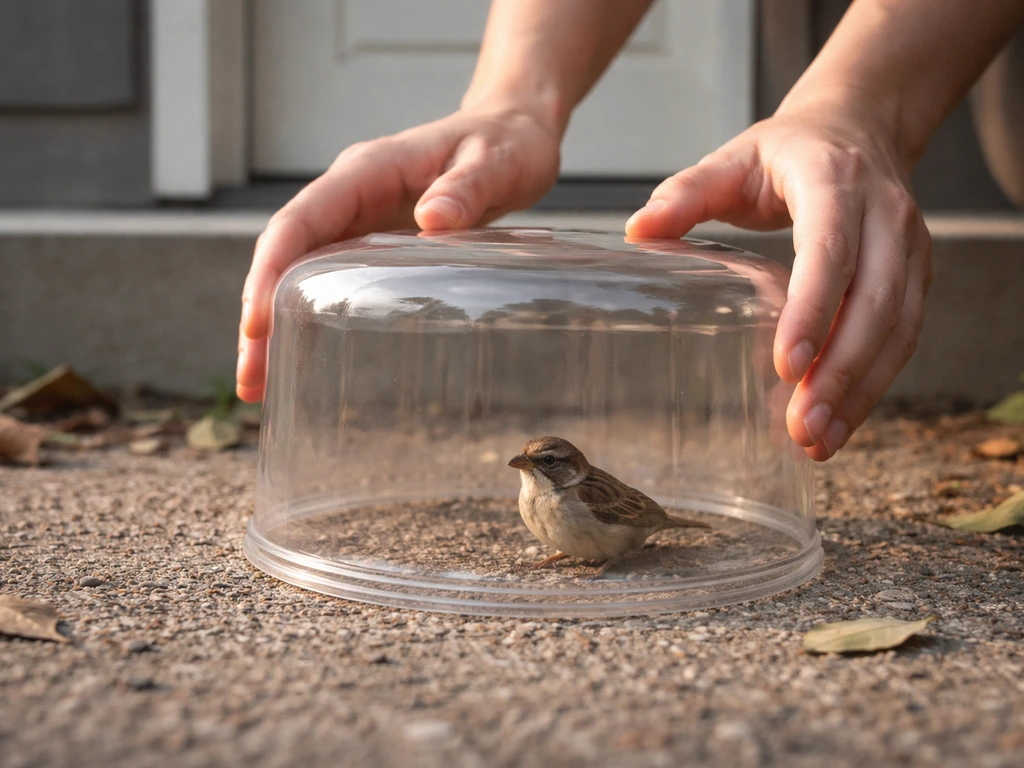 Hands lowering a clear bottle to gently cover a small bird on the ground near a doorway.