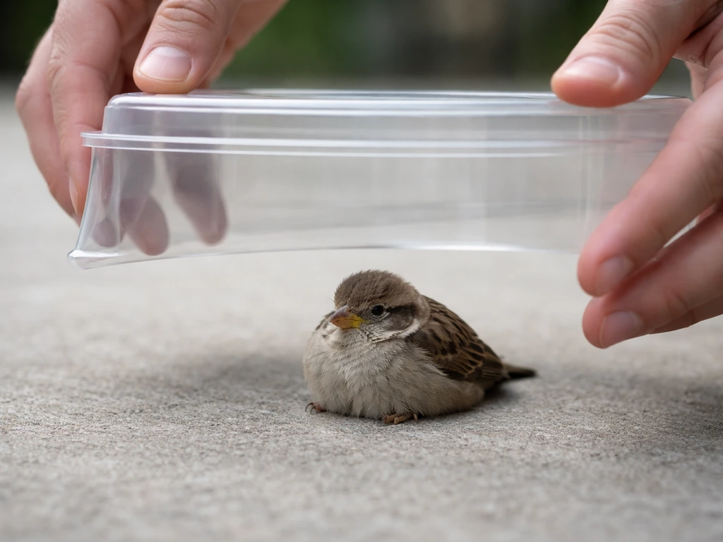 Humane bottle-capture scene: a small grounded bird on a flat surface as a clear container is lowered slowly.