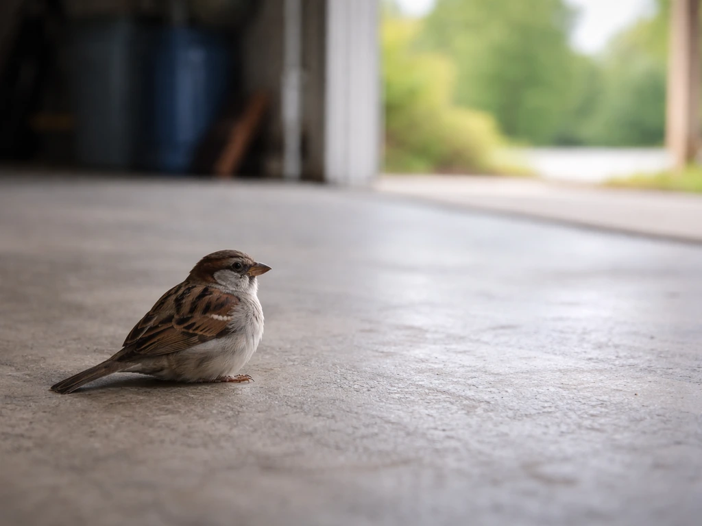 A calm wild bird sits indoors near an open garage door with an easy exit route.