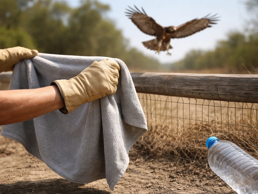 Raptor silhouette above a fence with a bottle and towel nearby, highlighting unsafe rushed capture risk.
