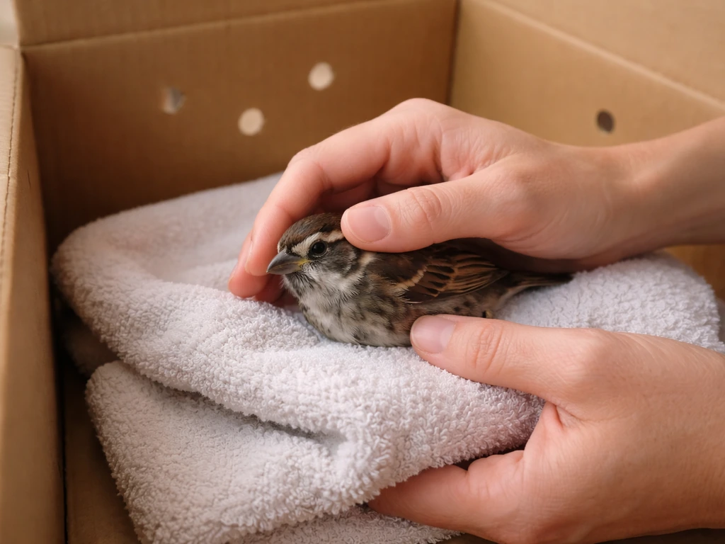 Gently held small wild bird with a towel while a cardboard recovery box sits nearby