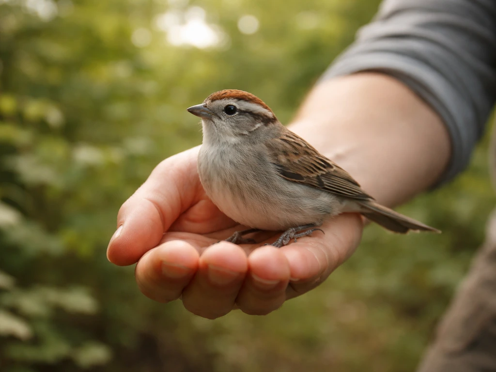 A rehabilitator’s hand releases a small wild bird outdoors with leafy green cover behind it.