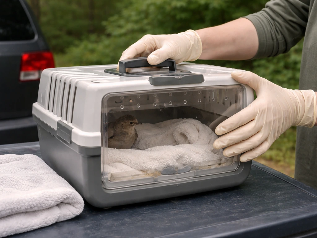 Gloved hands securing a ventilated bird carrier for a wildlife rehabber intake handoff outdoors.
